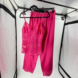 Morgan Taylor Intimates Pink Satin Floral Mesh Pajama Set Camisole Pants Small